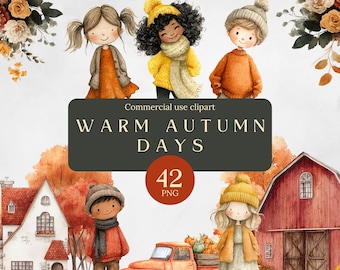 May include: Watercolor illustration featuring children in autumn attire, with a red pickup truck filled with pumpkins. The image includes the text "WARM AUTUMN DAYS" and "42 PNG". The overall theme is fall and harvest.