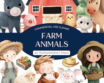 Farm Clipart - Cute Farm Animals, Watercolor Barn Art, Baby Farm Clipart, Nursery Decor, Digital Download