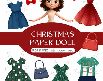 Christmas Paper Doll Printable • Dress-Up Doll with Outfits & Decorations • Holiday Kids Activity