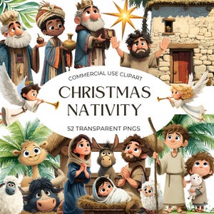 Könnte beinhalten: Eine digitale Illustration einer Weihnachtskrippe mit den Heiligen Drei Königen, Engeln und der Heiligen Familie. Der Text "CHRISTMAS NATIVITY" und "52 TRANSPARENT PNGS" ist ebenfalls zu sehen.