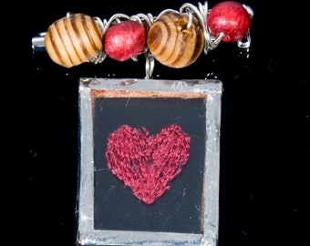 Red Heart Brooch. Glass Jewellery, Embroidered, Gift For Her
