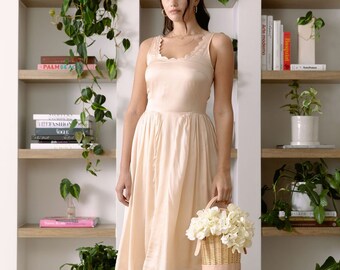 Vegan Silk Beige Nude Midi Summer Spring Resort Handmade Ethically Made Sustainable DRESS Carolina Benoit Scalloped Edges Straps Miami Made