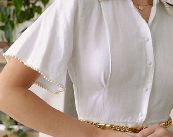 Midi Dress Embroidered White Summer Pearls Shirt Dress Spring Style Carolina Benoit Eco Friendly Sustainable Fashion Women Linen Miami Made