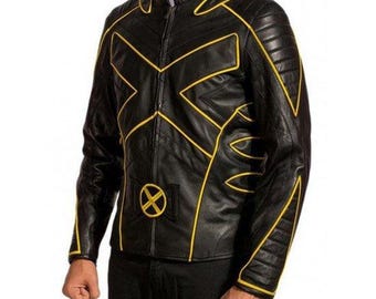 Herren Schwarze Lederjacke Wolverine Logan Cosplay Outfit Superhero Gold Stripe Moto Coat