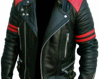 Handgefertigte zweifarbige Herren Leder Motorradjacke Schwarz & Rot Retro Biker Mantel Oberbekleidung