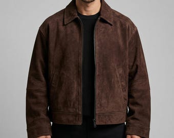 Herren Vintage Braun Wildlederjacke Handgefertigte Distressed Zip-Up Mantel Minimalist Oberbekleidung