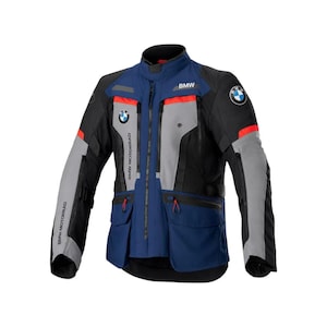 May include: A multi-coloured motorcycle jacket featuring a blue, grey, and black colour scheme with red accents. The jacket displays the BMW logo on the chest and shoulder, with the text BMW and BMW MOTORRAD printed on the front and sleeves.