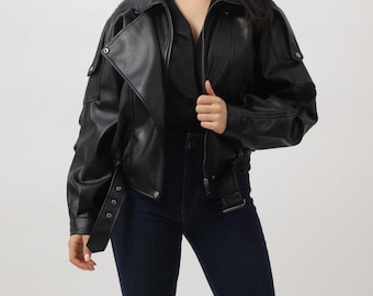 Handgefertigte Damen Übergröße Schaflederjacke Schwarz Relaxed Fit Streetwear Mantel Oberbekleidung