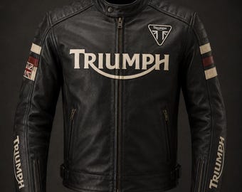 Herren Schwarz Leder Motorradjacke Triumph Style Vintage Cafe Racer Gesteppter Gestreifter Mantel