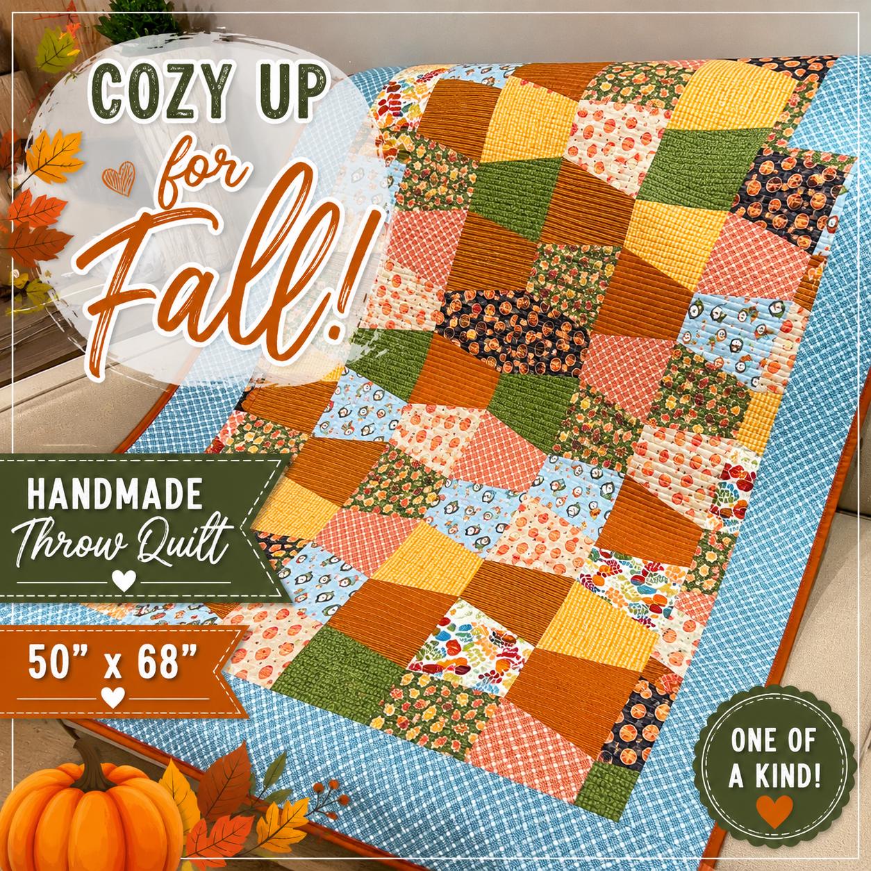 Autumn Owl Throw Quilt | Handmade Fall Lap Quilt | 50 x 68 Cozy Couch Throw | Pumpkin & Woodland