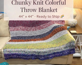 Chunky Knit Throw Blanket, Colorful Rainbow Stripe Afghan, Machine Washable Couch Throw