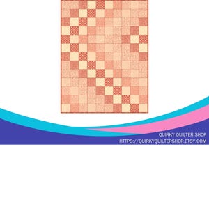 May include: A quilt pattern titled "Lil' Pixie Charm" with a repeating square design in shades of peach and cream. The text "Welcome to LIL' PIXIE CHARM - a playful pattern that turns squares into a masterpiece!" is at the top. The shop name and website are at the bottom.