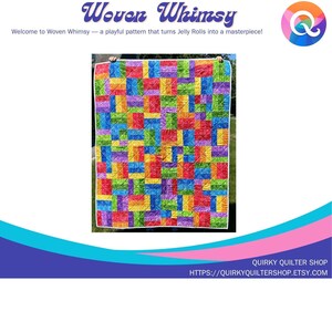 Könnte beinhalten: Ein rechteckiger Quilt mit einem lebendigen, mehrfarbigen geometrischen Muster, das aus kleinen, ineinandergreifenden rechteckigen Stoffblöcken in den Farben Rot, Blau, Grün, Gelb und Lila besteht und mit einem weißen Rand versehen ist.