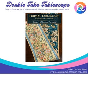 May include: A reversible handmade table runner and six matching placemats featuring a floral pattern. One side displays a light beige background with colourful flowers, while the other side shows a dark teal background with a dense floral print.