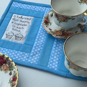 Handmade Quilted Coffee Mug Mat –  Fabric Coaster, 11.25” x 8.5”, Eco-Friendly Mug RugCoffee cup mug mat - TEACHER GIFT