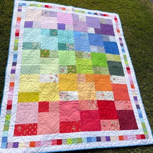 Handmade Rainbow Patchwork Quilt: Colorburst Modern Blanket (81x67