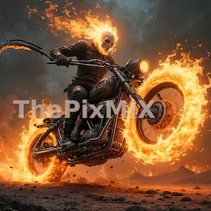 Puede incluir: Ilustración digital de una calavera en llamas montando una motocicleta envuelta en fuego. La motocicleta es negra, con un fondo oscuro y ardiente. La imagen tiene un ambiente dramático y lleno de acción.