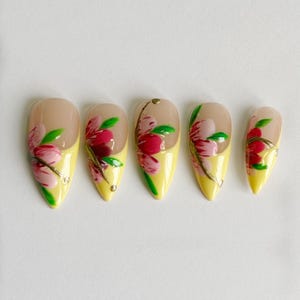 Pink Hibiscus Flowers - Press on nails/Yellow nails/Pink nails/Floral nails/ Custom press on nails/Vacation nails/Summer nails
