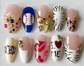 Y2K Press On Nails – Cheetah Print, Gem Accents