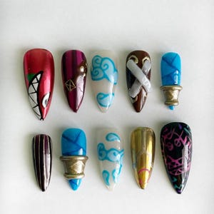 Jinx Inspired  - Press on nails/3D nails/Jinx inspired nails/Chrome nails/ Gold Chrome nails/Blue nails/Arcane inspired