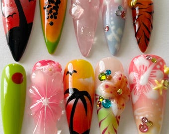 Midnight Sun Kiss - Press on nails, vacation, tropical nails, 3d nail art, summer