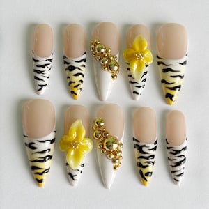 Zebra Print- Press on nails/3D nails/Zebra print nails/3d flower nails/Summer nails/Vacation nails/Animal print nails/French tip nails