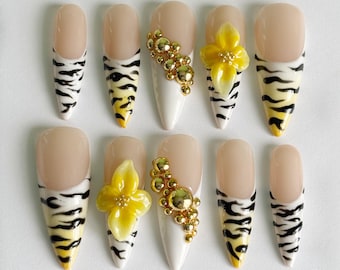 Luxury Press-on Nails: Cheetah Zebra Print With 3D Flowers - Etsy