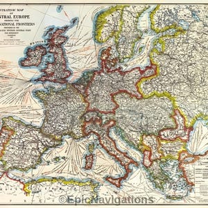 A strategic map of Central Europe from 1915; vintage map, outline map, old Europe map, Central Europe map.