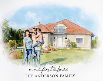 Custom Watercolor House Portrait Painting, New Home Gift, Family Illustration Canvas