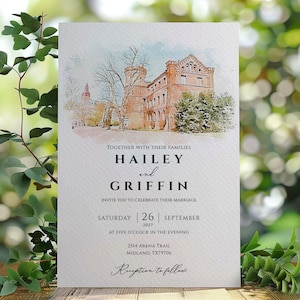 Benutzerdefinierte Hochzeitseinladung, Aquarell Hochzeitsort nach Ihrem Foto, Kirche See Illustration, vollständig von mir angepasst - kein DIY erforderlich H06