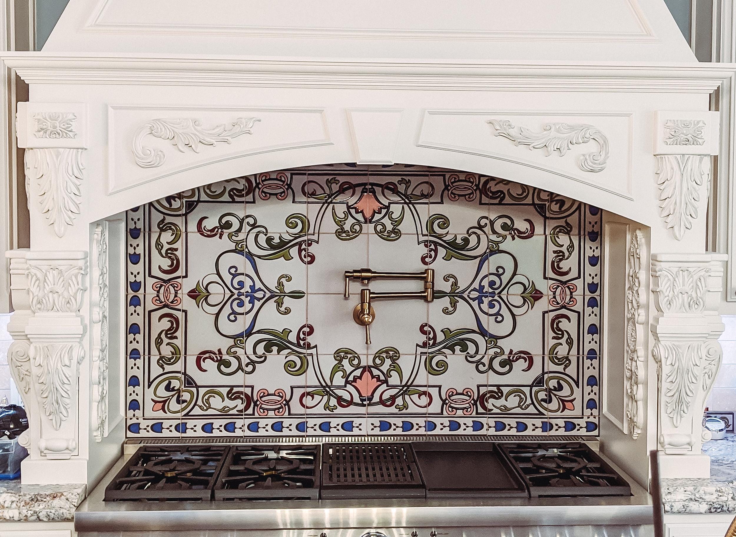 Hand-Glazed Ceramic Tile Backsplash Victorian Scroll Mural | 61x37"