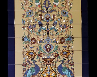 Spanish Ceramic TIle Mural (Backsplash) with Two Peacocks (7522) ~ Handmade Tile in Los Angeles