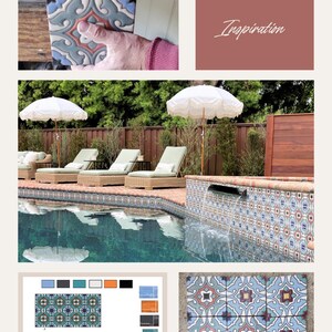 Op de afbeelding: Afbeelding met op maat gemaakte keramische tegels met diverse patronen en kleuren. De afbeelding bevat een moodboard met tegelmonsters, een zwembad met decoratieve tegels en een doos met tegelmonsters. De tekst op de afbeelding luidt "Custom Tiles Ceramic Concepts MOOD BOARD Inspiration."
