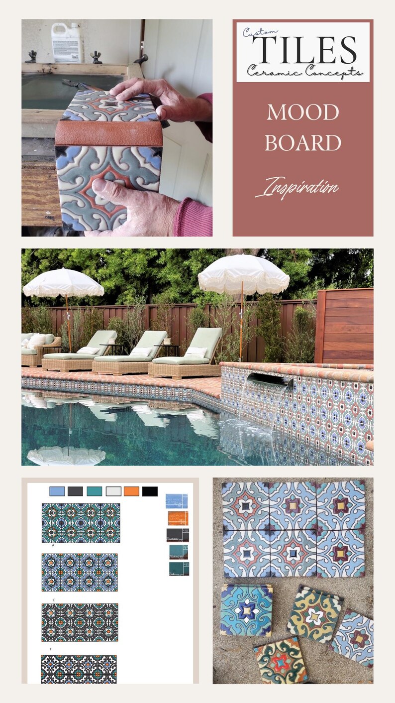 Op de afbeelding: Afbeelding met op maat gemaakte keramische tegels met diverse patronen en kleuren. De afbeelding bevat een moodboard met tegelmonsters, een zwembad met decoratieve tegels en een doos met tegelmonsters. De tekst op de afbeelding luidt "Custom Tiles Ceramic Concepts MOOD BOARD Inspiration."