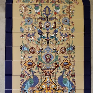 Large Spanish Ceramic Tile Mural with Two Peacocks Arched With Blue Border (7522) ~ HandGlazed Fountain BackSplash or Entryway