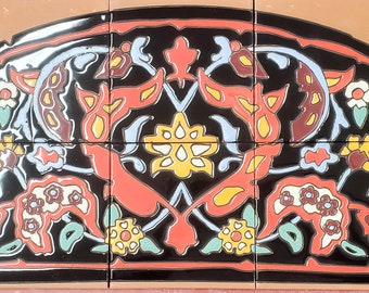 Hand-Painted Floral Ceramic Tile Mural: Cuerda Seca Technique, Half Dome Design