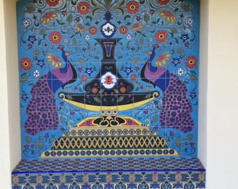 Contemporary Spanish Tile Mural ~ Peacocks, Flowers and Lots of Color ~ Hand Painted Tiles