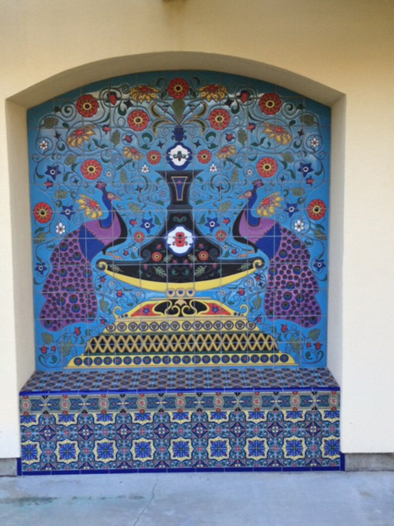 Contemporary Spanish Tile Mural Peacocks, Flowers and Lots of Color