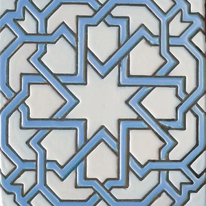 6x6 Islamic Star Tile – Hand-Painted Blue & White Geometric Design, For Risers, Pool Tiles or Backsplash (PRICE Per 24 PIECES = 6 SQFT)