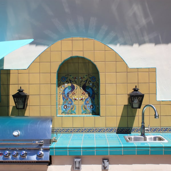 Peacock Tile Mural – Catalina Spanish Revival, Hand-Glazed Ceramic | Bathroom, Fountain, Kitchen Backsplash, Garden