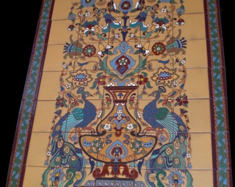 Large Outdoor Ceramic Tile Mural (Backsplash) with Two Peacocks (7522) ~ Handmade Tile in Los Angeles