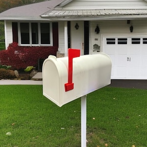 Post-Mounted Mailbox with Red Signal Flag – White or Black Outdoor Plastic Letter Box, Weatherproof & Stylish for Home Front Yard