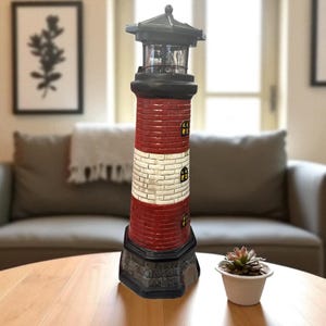 Handmade Lighthouse with Solar Light | Outdoor Garden Lantern | Coastal Home Decor for Porch, Balcony or Yard | Red White Beacon Statue