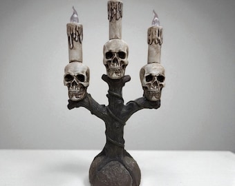 Halloween Skull Decor | Resin Gothic Candelabra with Skulls | Spooky Candle Holder | Haunted Party Table Centerpiece