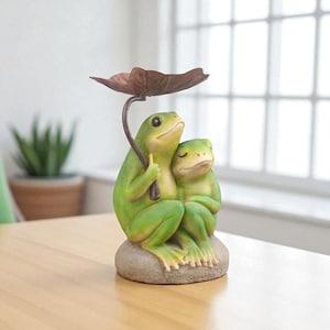 Garden Frog Statue Resin | Cute Green Frog Sitting on Rock Under Leaf | Outdoor or Indoor Decor for Pond, Fairy Garden or Patio