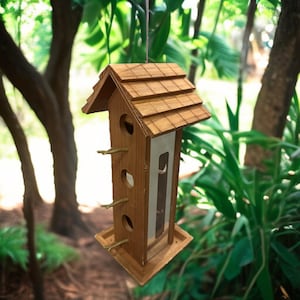 Handmade Wooden Bird Feeder – Rustic Outdoor Birdhouse Feeder with Perches & Clear Window, Weatherproof Garden Decor for Balcony or Yard