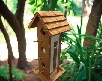 Handmade Wooden Bird Feeder – Rustic Outdoor Birdhouse Feeder with Perches & Clear Window, Weatherproof Garden Decor for Balcony or Yard