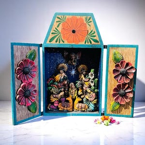 Wooden Christmas nativity shrine Hand-painted floral box with detailed creche scene Handmade folk art holiday decor Folk from natural wood