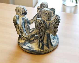 Handmade Angel Statue Spiritual Decor – Three Angels Holding Hands – Gypsum Figurine Gift – Guardian Angel Altar Art Rustic Home Blessing
