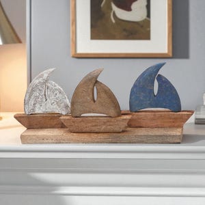 Wooden Sailboat Art – Three Boat Minimalist Design, Handcrafted Nautical Accent for Living Room, Office or Beach House Decor
